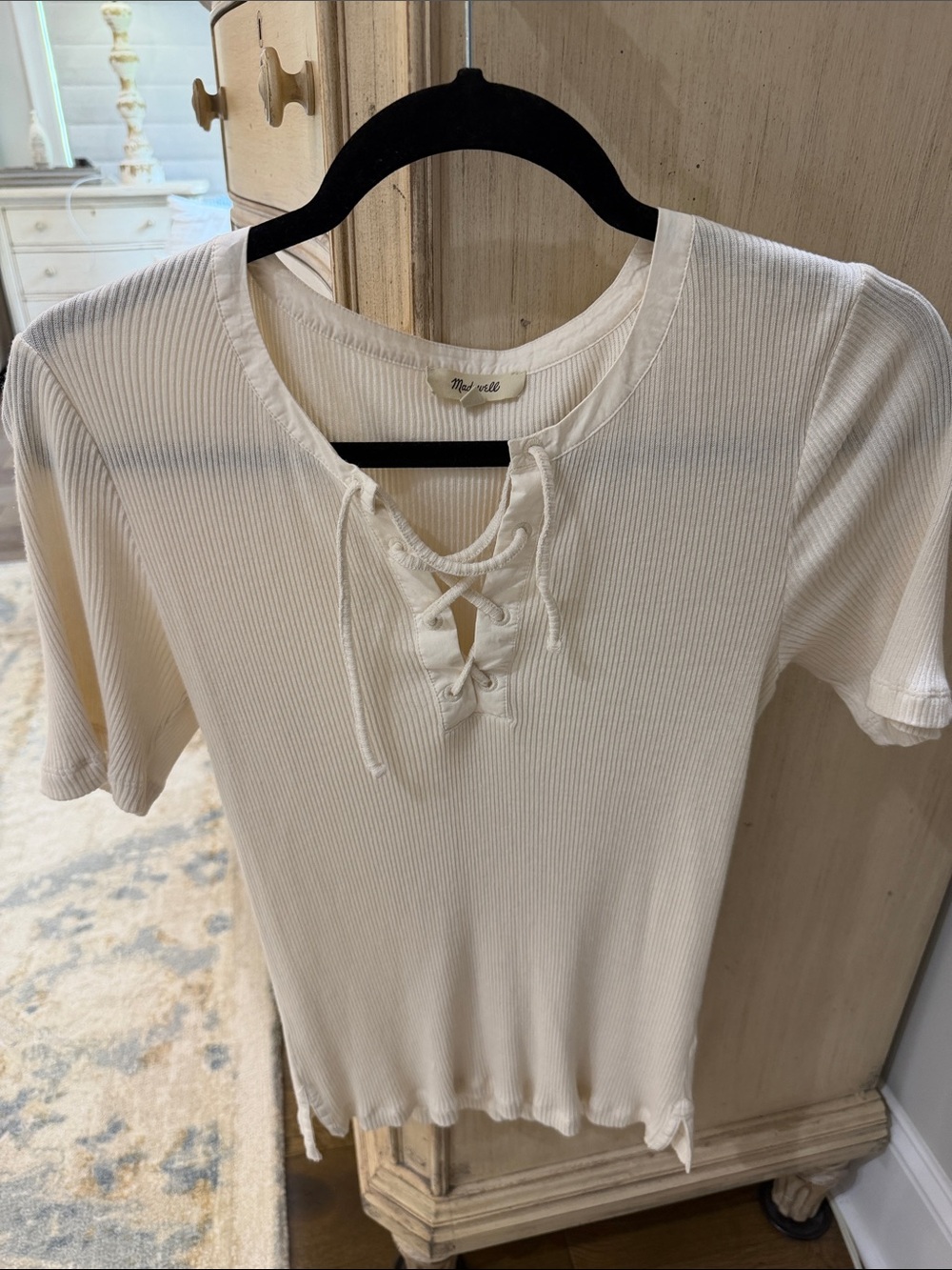 Madewell Ivory Ribbed Lace-Up Short Sleeve Tee